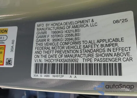 2025 Honda Accord Se from USA, damaged, VIN 1HGCY1F4XSA059092